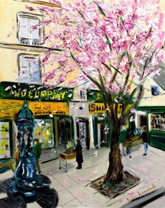Körsbärsblommor på Shakespeare and Co Paris - med guldutsmyckning, 2023 (olja på duk)