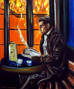 Gentleman på ett café i Paris, 2025 (olja på duk) av Ruslana Levandovska