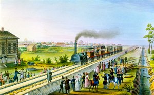 Öppnande av den första järnvägslinjen från St Petersburg till Pavlovsk, Ryssland, 1830-talet. av Russian Master