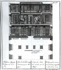 En sektionsvy av Hall of Rarities mot söder, illustration i Chambers of the St. Petersburg Imperial Academy of Sciences Library and Gallery som visar planer, fasader och profiler av Johann av Russian School