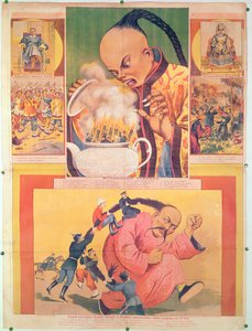 Komisk rysk affisch som satirerar européerna i Kina, tryckt i Moskva, Ryssland, 1900