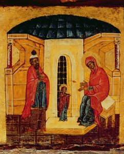 Ikon som föreställer Jesus i templet, ca 1550 (tempera och bladguld på panel) (detalj 314500) av Russian School