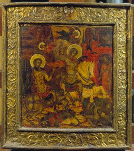 Ikon som föreställer St. George och St. Demetrius, ca 1676 (tempera på panel) av Russian School