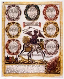 Rysk schematisk illustration av de "sju dödssynderna". Religiös traktat ca 1850 (gravyr) av Russian School