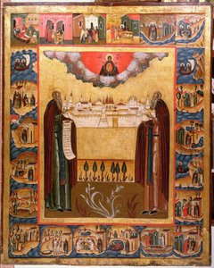De heliga Zosimus och Sabbatheus av Solovetsk med scener från deras liv, 1700-talet (tempera på panel) av Russian School