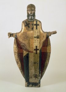 Staty av St. Nicholas av Mozhaisk, rysk, sent 1500-tal (trä, ornamenterad brokad, gesso, tempera)
