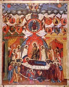 The Dormition, 1700-talet (tempera på panel) av Russian School
