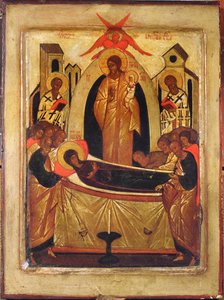 The Dormition of the Virgin (tempera och bladguld på panel) av Russian School