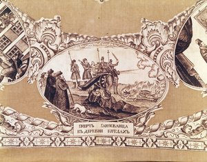 Avrättningen av den falske Dimitri, detalj från en sjal som skildrar historien om den kungliga bedragaren (textil) av Russian School