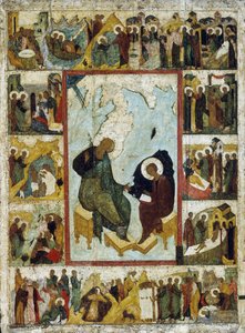 Sankt Johannes evangelisten på Patmos med scener ur hans liv, tidigt 1500-tal. av Russian icon.