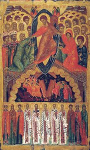 Nedstigningen till helvetet, med utvalda heliga, sent 1400-tal. av Russian icon.