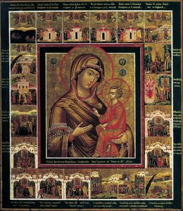 Jungfrun av Tikhvin med gränsscener, första kvartalet av 1800-talet. av Russian icon.