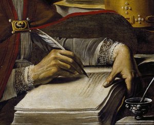 Händer, skrift med fjäderpenna, detalj av Saint Ambrouse, av Rutilio Manetti (1571-1639), olja på duk, 67x89 cm