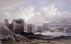 Britannia Tubular Bridge över Menai Straits, tagen under konstruktionen 1848, litografi av Day and Son av S. (after) Russell