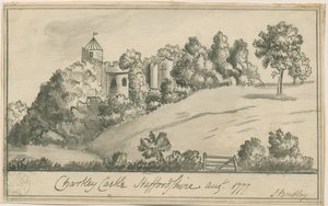 Chartley Castle: sepiateckning, augusti 1777 av S Bentley