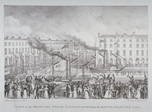 Vy över den föreslagna ångnavigeringsdockan vid mynningen av floden Lea, c.1835 av S. Hemming