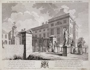 En perspektivvy av Foundling Hospital med emblematiska figurer, 1749 av S. Vale