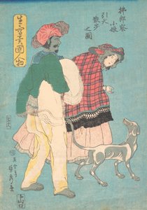 En ung fransk dam och en siamesisk tjänare tar en hund på promenad, november 1860., november 1860.