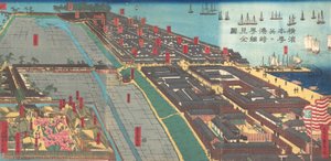 Detaljerat tryck av Yokohama Hon-cho och Miyozaki Pleasure Quarter, 4:e månaden. 1860. av Sadahide Utagawa