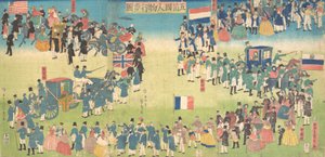 Procession av människor från fem länder: Holland, Ryssland, Frankrike, England och Amerika, 1861., av Sadahide Utagawa