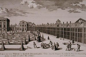 Utsikt över ett av orangerierna i prinsen av Schwarzenbergs trädgård, Wien, graverad av Georg-Daniel Heumann (1691-1759), publicerad ca 1724-37 (gravyr) (se även 170855)
