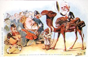 Karikatyr av Frankrikes president Emile Loubets (1838-1929) ankomst till London 1903 (färg litho) av Salomon Assus