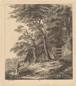 En fiskare och två barn i ett landskap med stugor med halmtak, 1764. av Salomon Gessner