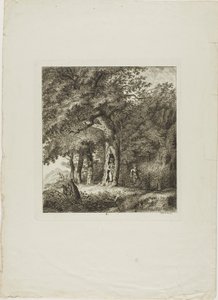 Nymf som gömmer sig i ett träd, plansch åtta ur Paysages Dédiés à M. Warelet av Salomon Gessner