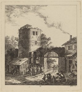 Bybor vid en stadsport hälsar en dignitär, 1764. av Salomon Gessner