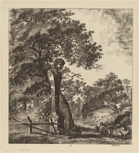 Skogbevuxen landskap med en flock getter och en herm av Salomon Gessner