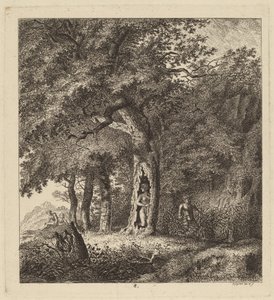 Skogbevuxen landskap med en nymf och en satyr av Salomon Gessner