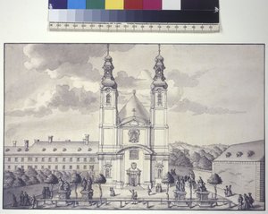 Hel sida: Servitkyrkans framsida i förorten Rossau (tuschteckning)