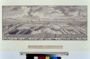Hel sida: storskaligt fågelperspektiv av de kejserliga stallarna mot förorterna (penna, pensel och tusch) av Salomon Kleiner