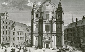Vy över Peterskirche, Wien graverad av Johann Bernard Hattinger