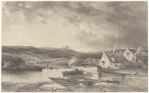 Flodlandskap med några hus och en vattenkvarn av Salomon Leonardus Verveer