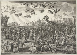 Äktenskapsfällan: Allegori om äktenskap Bild av huwelyxen i form av en fuyk (titel på objekt) av Salomon Savery (attributed to)