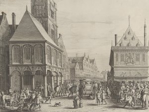 Stadsdomare tar avsked med Marie de Medici före rådhuset, från Caspar Barlaeus..., 1638. av Salomon Savery