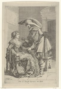 Man erbjuder en kvinna ett mynt Dats de Bruydt daermen om danst (titel på objekt) av Salomon Savery