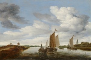 Flodlandskap med segelbåtar och en hästdragen pråm