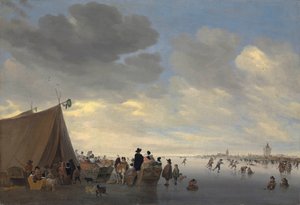 Skridskoåkare på den frusna floden Lek, staden Vianen bortom, 1653