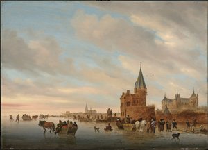 Vinterlandskap med isnöjen framför en Capriccio av staden Arnheim, 1652 av Salomon van Ruisdael or Ruysdael