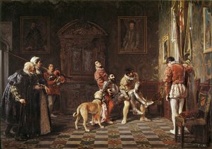 "" Återkomst av turneringen "" En ung riddare gör ont förs tillbaka till palatset, med stöd av två sidor. Målning av Salvador Martinez Cubells (1845-1914) 1881 Valencia. Museum of Bellas Artes San Pio
