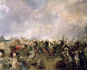 Slaget vid Guadalete detalj om goternas flykt från kung Roderiks kommando i närvaro av det muslimska kavalleriet av Tarik Ibn Ziyad, 711 AD (olja på duk) (detalj)