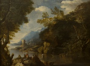 Landskap med figurer och båtar, ca 1635-73 (olja på duk) av Salvator (follower of) Rosa