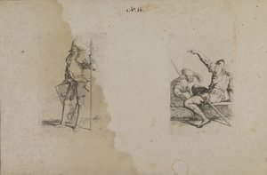 (Figurinserie) Hjälmförsedd man med utsmyckat spjut/Ax av Salvator Rosa