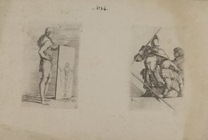 (Figurinserie) Långhårig man med skylt av Salvator Rosa