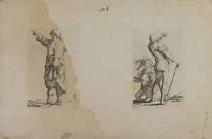 (Figurinserie) Stående man med lång hatt, pekande av Salvator Rosa