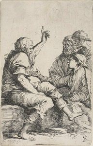 En skäggig gammal man som sitter på en sten och gör en skräckgest mot tre män mitt emot honom, från Figurine-serien av Salvator Rosa