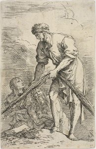 En män som drar ett nät, med två figurer bakom sig, från Figurine-serien av Salvator Rosa