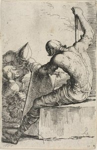 En krigare, som sitter på ett förgrundsblock, håller en sköld och stav och vänder sig mot två krigare bakom sig, från Figurine-serien av Salvator Rosa